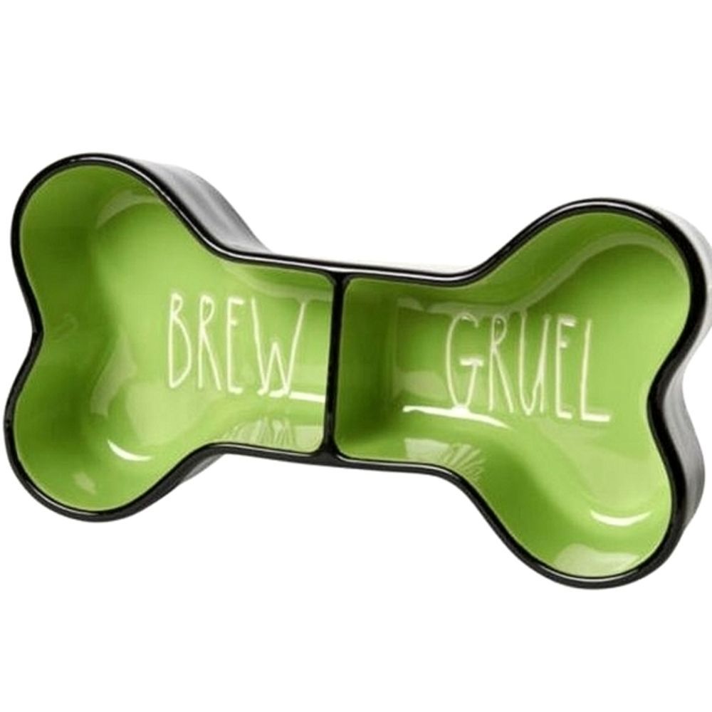 Rae Dunn Brew & Gruel Ceramic Green Bone Shape Pet Bowl